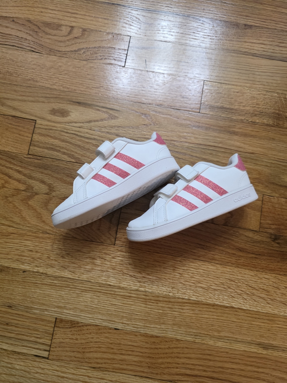 adidas Kids White Sneakers with Pink Glitter Stripes